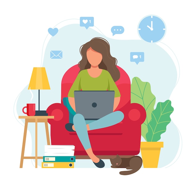 Home office concept, woman working from home sitting on a chair, student or freelancer.