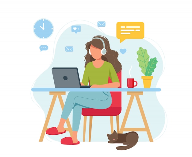 Home office concept, woman working from home, student or freelancer.