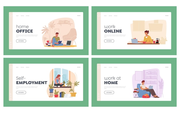 Home Office Landing Page Template Set Freelancers or Outsourced Workers Characters Working Remotely on Computers