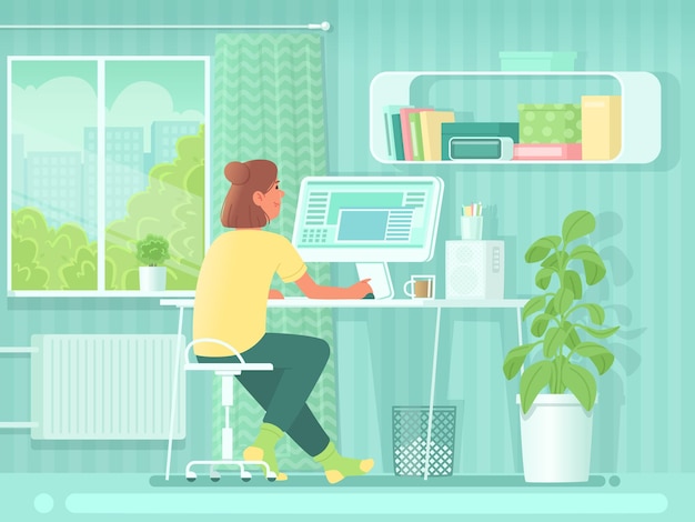 Home office. A woman is sitting at a desk in front of a computer in the room. Girl student or freelancer at work. Online shopping. Vector illustration in flat style