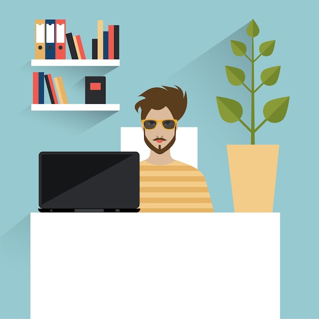 Home office workplace Man working in home Flat vector illustration