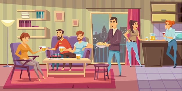 Home party illustration friends at house party People relaxing in apartment living room composition male and female characters drinking alcohol beverages and eating snacks