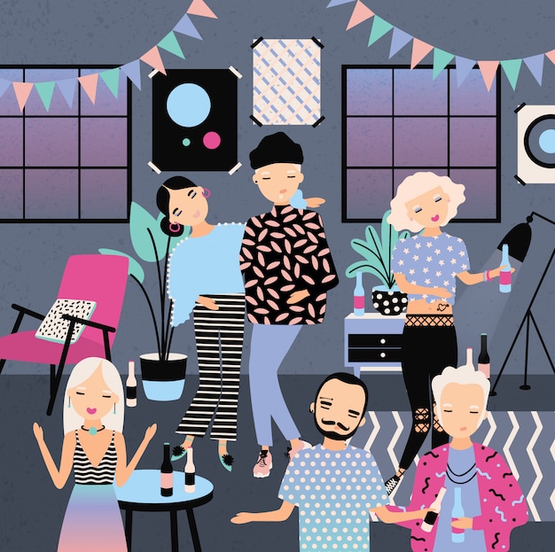 Home party with dancing, drinking people. Fashionable young guys and girls in bright clothes. Colorful   illustration in cartoon style.