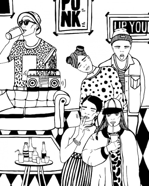 Home party with dancing, drinking young people, music. hand drawn black and white illustration.