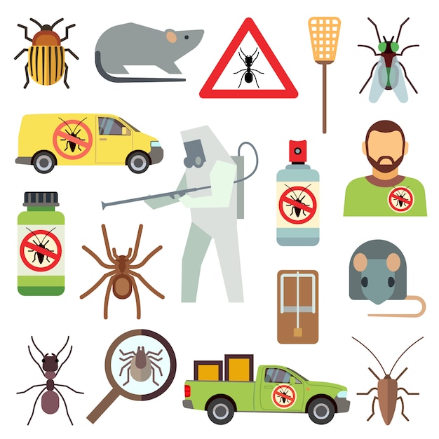 Home pest control service flat icons set