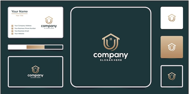 Home real estate logo design template with gold branding creative letter u art style symbol