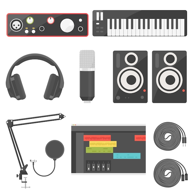 home recording equipment for music production audio interface, midi keyboard, headphone monitor, microphone, speaker, akai and xlr cable and software digital audio waveform.