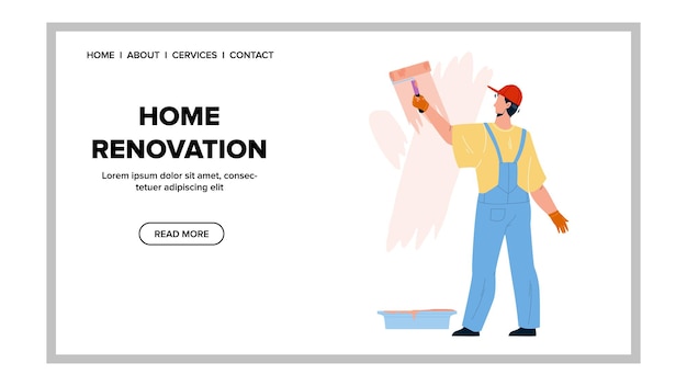 Home Renovation Occupation Of Painter Man Vector. Man Painting Wall With Roller, Home Renovation Or Repair Apartment. Character Repairman Renovate House Web Flat Cartoon Illustration