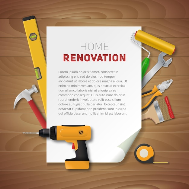 Home renovation template with realistic hand tools