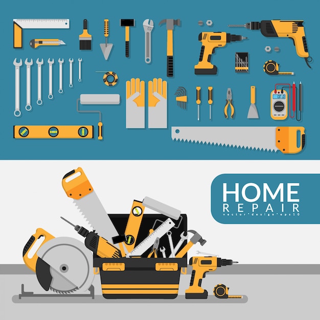 Home repair service template with set of repair tools.