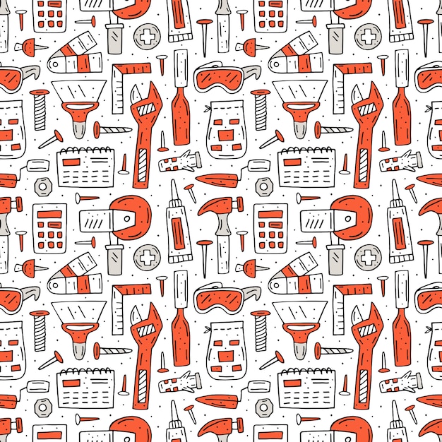 Home repair tools, instruments cute hand drawn seamless pattern