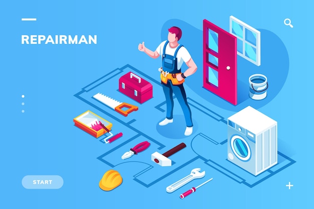 Home repairman and building maintenance instruments isometric worker in uniform for indoor house