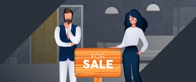 Home sale banner. A girl and a man are realtors. Apartment sale concept. Vector.