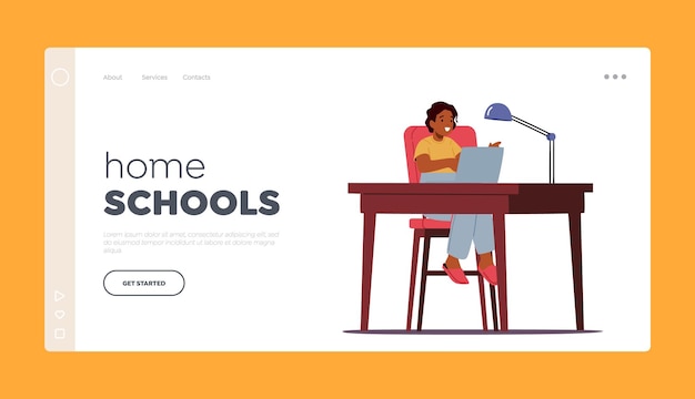 Home School Landing Page Template African Boy Sit at Desk with Laptop Learning Classes Watch Webinar Chatting