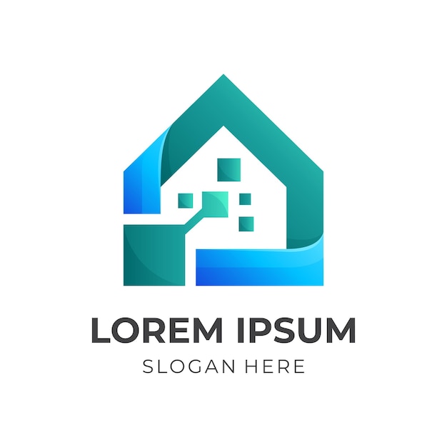 Home server logo template house and pixel combination logo with 3d green and blue color style