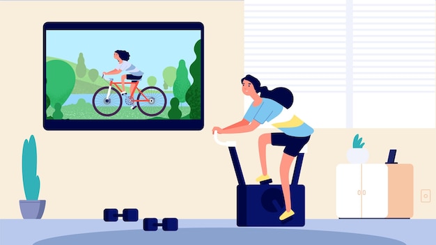 Home sport. Woman training in living room. Cycling on TV, girl on exercise bike