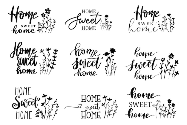 Home sweet home with flower Big set lettering Modern slogan handwritten calligraphy doodlehan