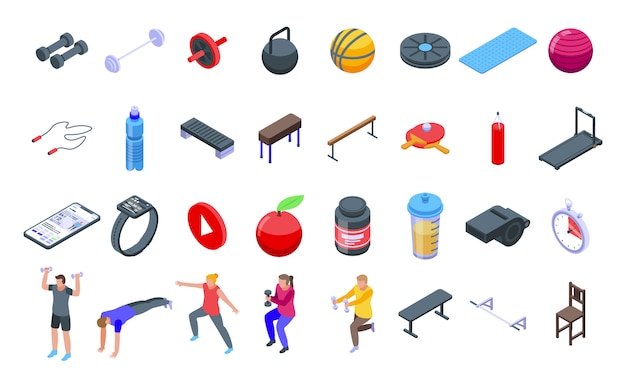 Home training icons set, isometric style