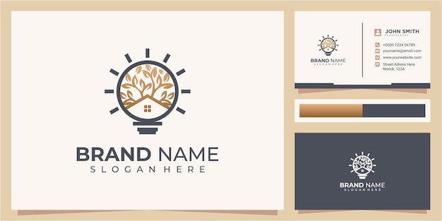 Home tree in bulb lamp logo design concept with business card