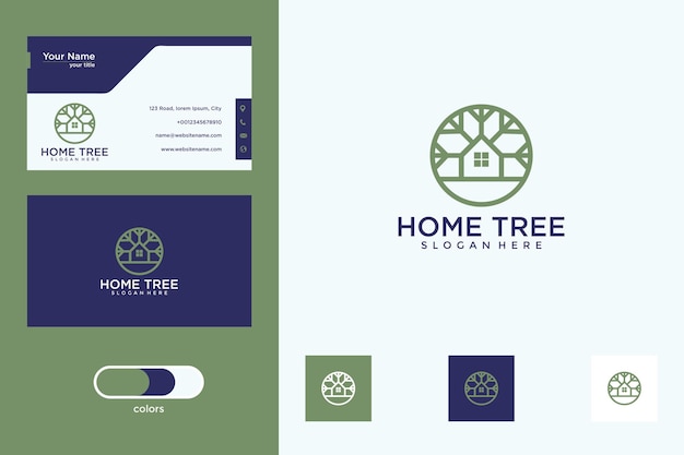 home with tree circle logo design and business card