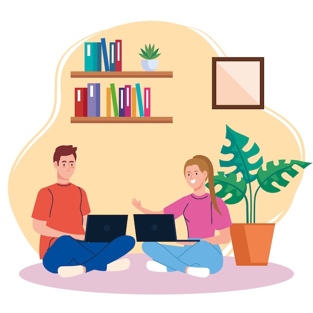 Home working, freelancer couple sitting in floor, working from home in relaxed pace, convenient workplace