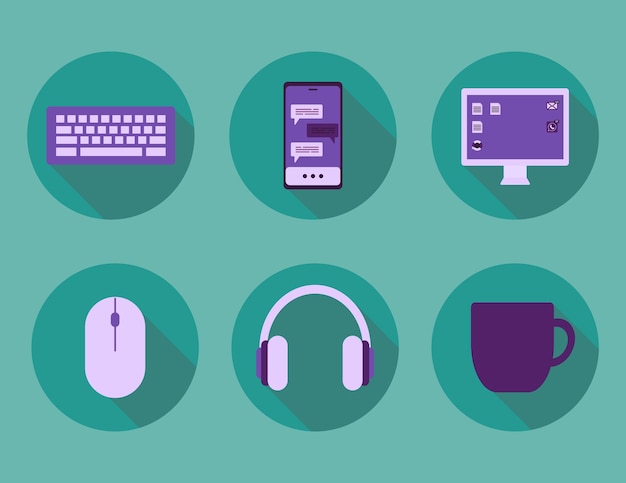 Home workplace flat icon set in purple and blue colors Business and freelance attributes