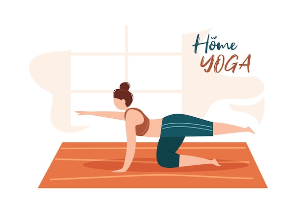 Home yoga A girl does yoga on a mat Banner on a white background Sport