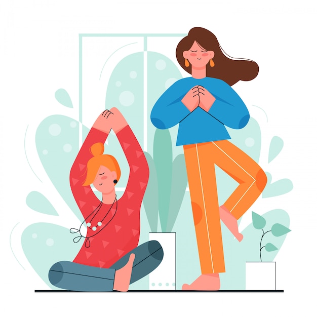 Home yoga, meditation girl friends   illustration