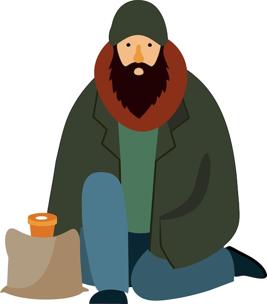 Vector homeless dirty man sitting on ground need help isolated flat vector illustration