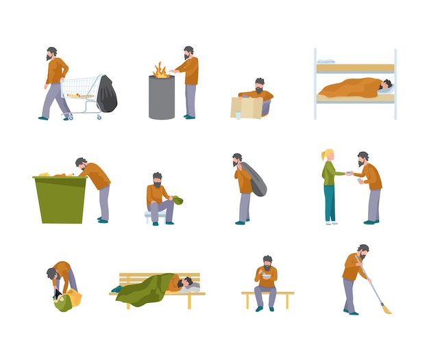 Homeless man illustration set