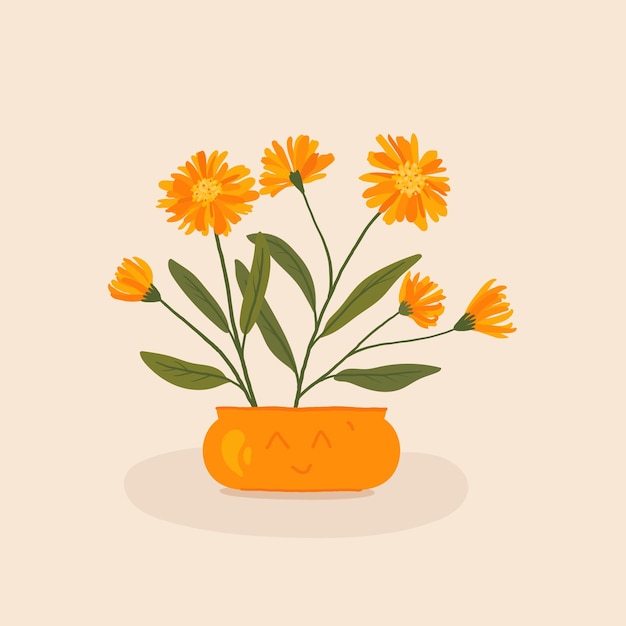 Vector homemade calendula kawaii flower in a pot illustration of orange cozy flowers