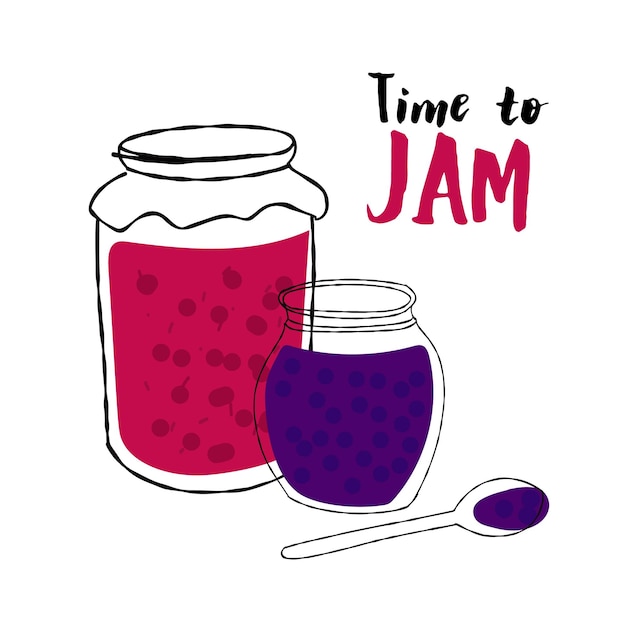 Vector homemade jars of jam illustration with text time to jam isolated on white background