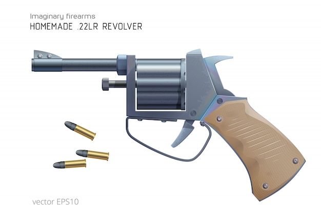 Homemade revolver.  realistic small caliber gun. Crude barking iron. Cheap firearm with revolving chambers made of welded pipes.