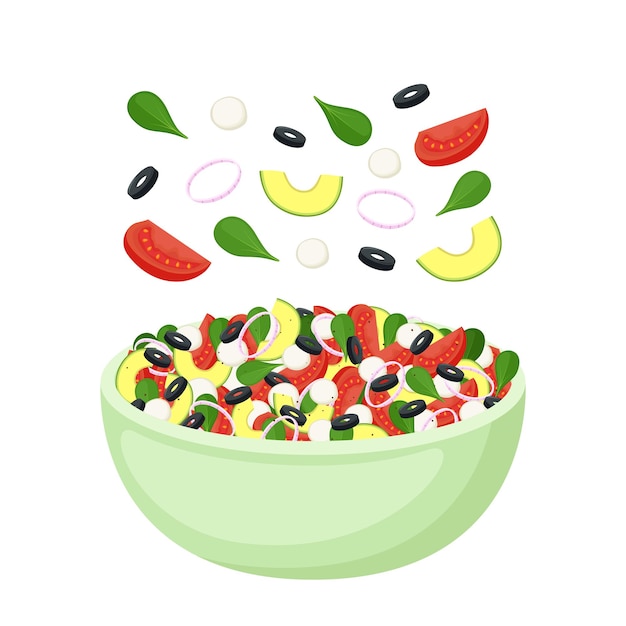 Homemade salad from fresh vegetables greens avocado mozzarella and olives Healthy food Vegetarian meal Vector illustration