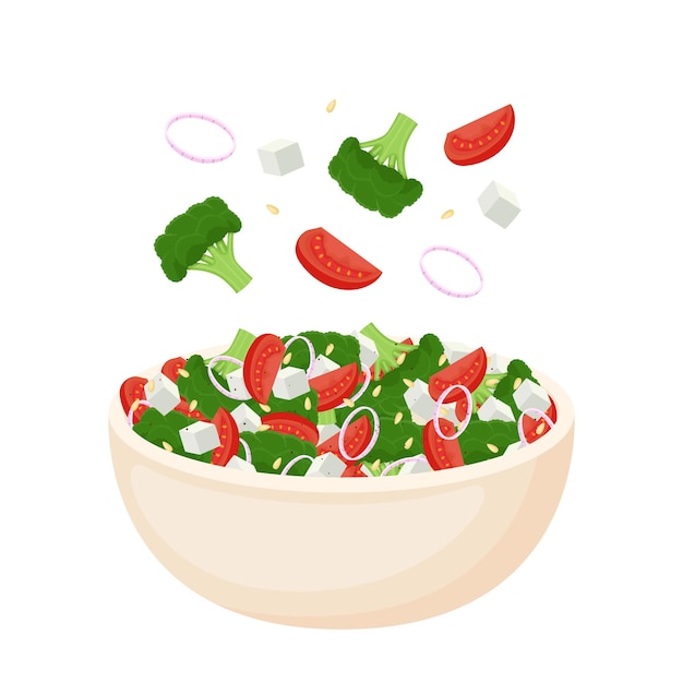 Homemade salad from fresh vegetables salad cheese and pine nuts Healthy food Vegetarian meal Vector illustration