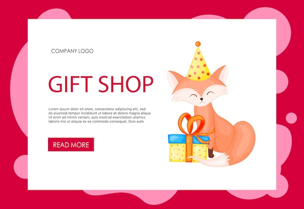 Homepage template for your site with cute fox. Cartoon style. Vector illustration.