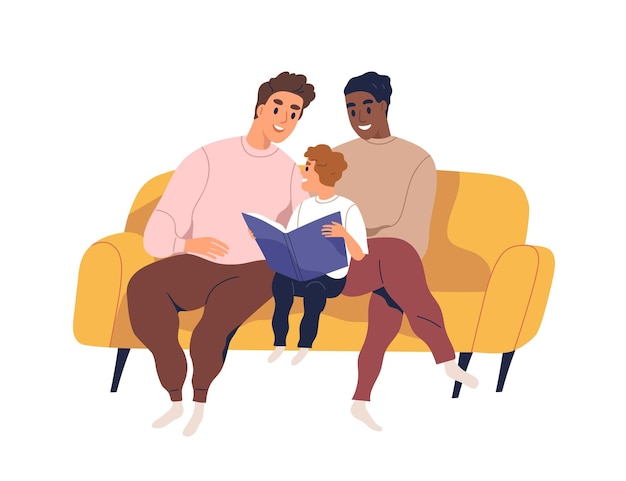 Homosexual married couple spend time together with son. Loving gay fathers and child embracing on sofa and reading book. Flat vector cartoon illustration of cute fatherhood scene isolated on white.