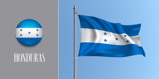 Honduras waving flag on flagpole and round icon vector illustration. Realistic 3d mockup with design of flag and circle button