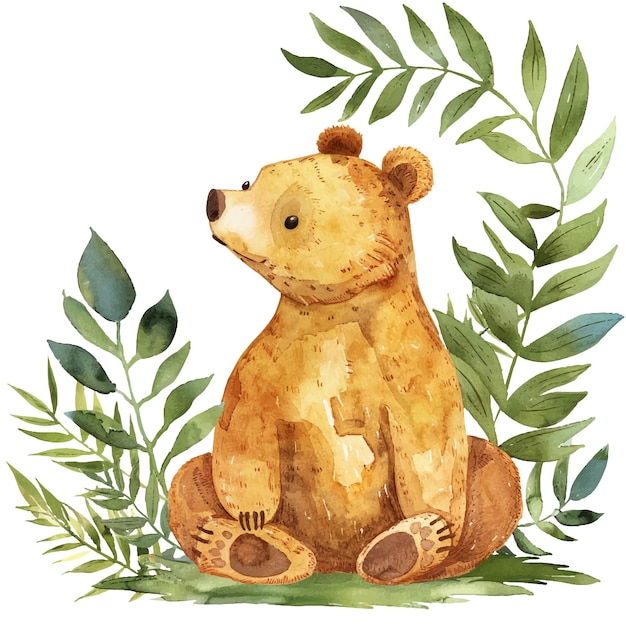 honey bear and tropical leaf watercolour vector illustration for background