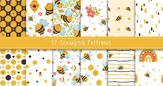 Honey Bee kids seamless patterns bundle