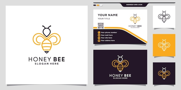 Honey bee logo icon with linear style bee logo and business card design Premium Vector