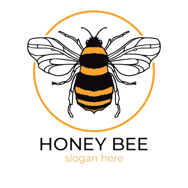 Honey Bee logo with yellow outline circle and text Design Animal Mascot Premium Vector