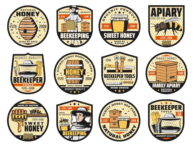 Honey and beekeeping farm isolated vector icons