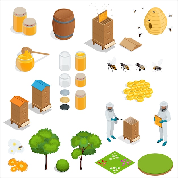 Honey and beekeeping isometric design elements. Apiary, honey, beekeeper, hives, bees, equipment, flowers. For eco products of beekeeping, cosmetics medicine