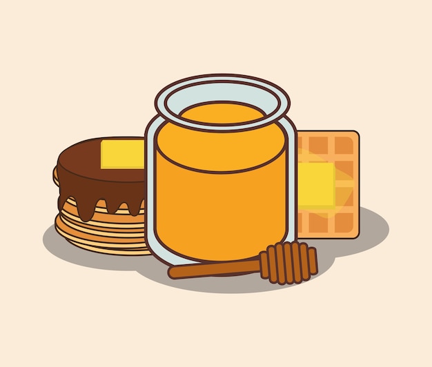 Vector honey bottle with pancakes and waffles 