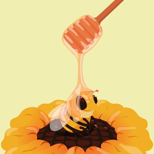 honey dripping over a cute bee perched on a sunflower