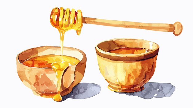 Vector honey dripping from wooden dipper in watercolor style