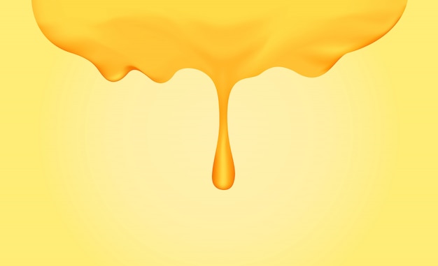 Honey dripping with honey dipper isolated on yellow gold background, honey liquid drop