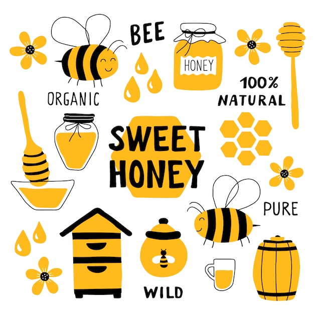 Honey elements doodle set.