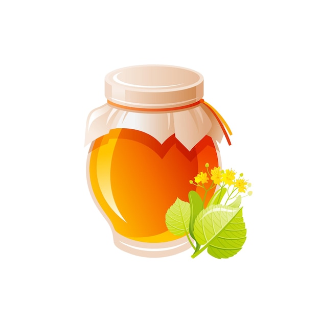 Honey jar cartoon vector icon Glass transparent pot with linden tree honey 3d honey jar Cartoon Tilia blossom Healthy nutrition vector icon Organic ingredient for delicious natural breakfast